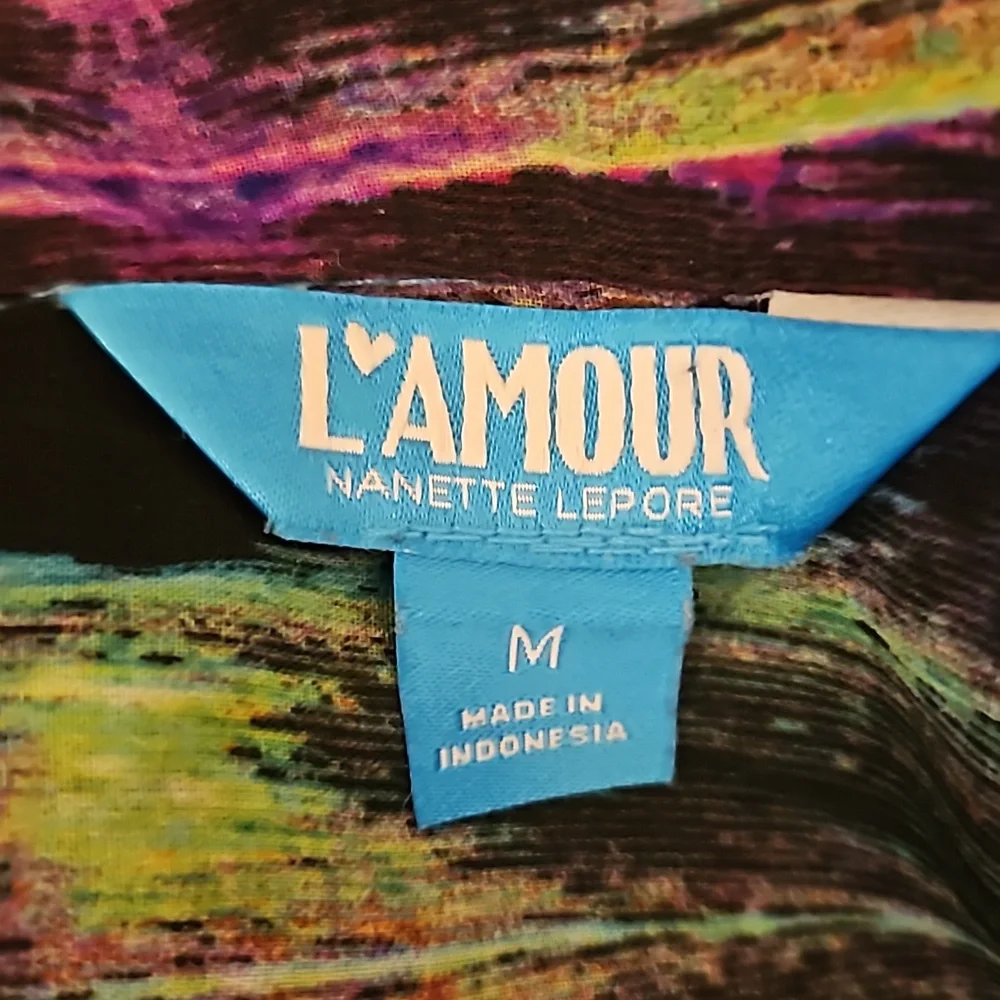 L AMOUR NANETTE LEPORE BLOUSE BUTTON DOWN TOP M PURPLE GREEN BLACK LONGSLEEVED